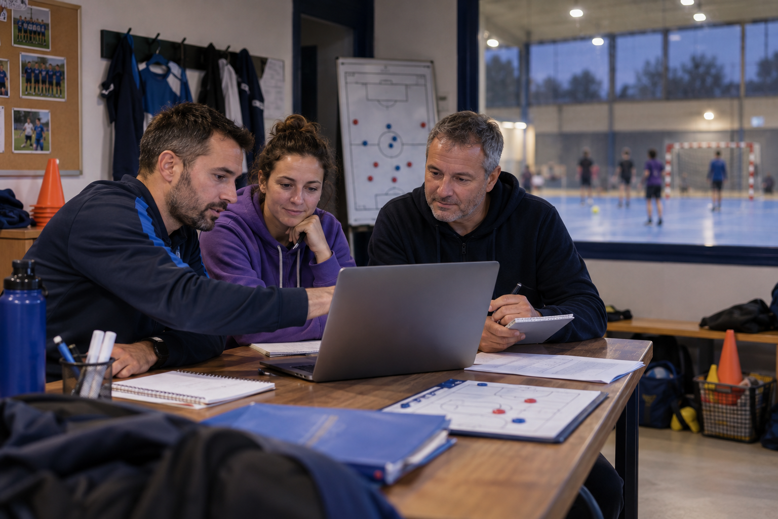 Dirigeants et bénévoles d’un club amateur réunis autour d’un ordinateur